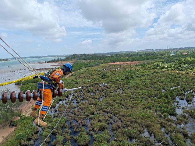 Petugas PLN tengah melakukan pemeliharaan jaringan transmisi Saluran Udara Tegangan Tinggi (SUTT) 150 kiloVolt (kV) sebagai bagian dari upaya memastikan keandalan pasokan listrik secara nasional. Komitmen ini menjadi fondasi dalam mendorong peningkatan kinerja PLN, yang pada Tahun Buku 2024 ini mencetak pendapatan sebesar Rp545,38 triliun.